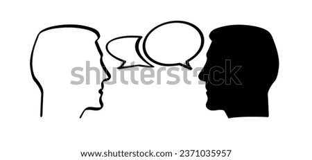Cartoon face profile talk icon. Conversation speech Icon silhouette heads. Head in Profile speak, communication pictogram. People face are talking icon or sign. Assistance vector icon. Voice sign. Royalty-Free Stock Photo #2371035957