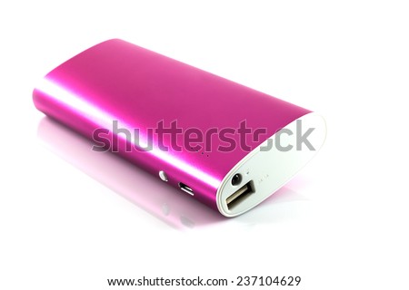 Pink color power bank on white background