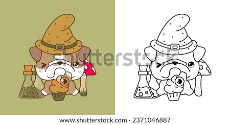 Cute Halloween Bulldog Dog Illustration and For Coloring Page. Cartoon Clip Art Halloween Dog. Cute Vector Illustration of Halloween Kawaii Animal in Witch Costume. 