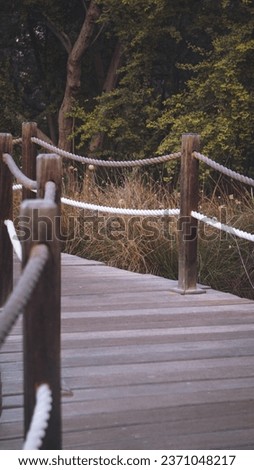 Rustic Charm: A picturesque photograph of a wooden bridge adorned with a coir handrail, a perfect blend of natural beauty and traditional craftsmanship.
