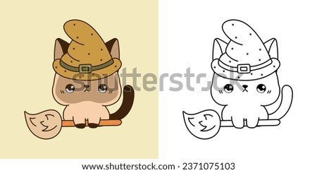 Halloween Kawaii Siamese Cat for Coloring Page and Illustration. Adorable Clip Art Halloween Feline. Cute Vector Illustration of Halloween Kawaii Animal in Witch Costume. 