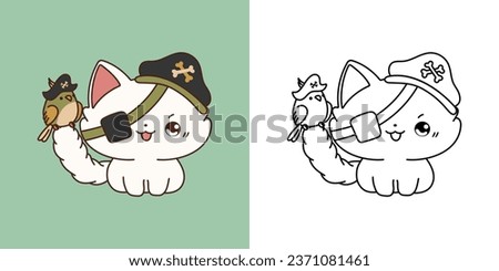 Halloween Kawaii Ragdoll Cat for Coloring Page and Illustration. Adorable Clip Art Halloween Cat. Cute Vector Illustration of a Kawaii Halloween Pet in a Pirate Costume. 