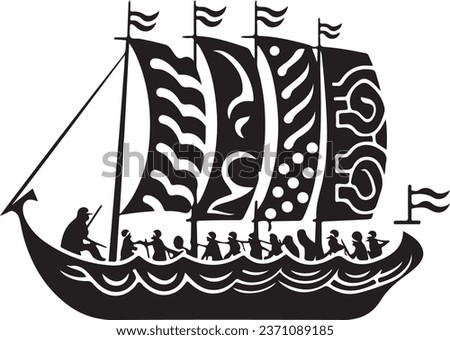Vector ornamental ancient sailboat illustration. Abstract historical mythology ship logo. Good for print or tattoo. Royalty-Free Stock Photo #2371089185