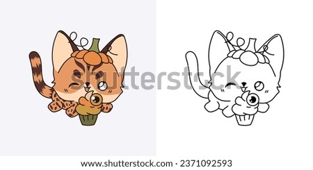 Cute Halloween Bengal Cat Clipart Illustration and Black and White. Kawaii Clip Art Halloween Feline. Cute Vector Illustration of a Kawaii Pet for Halloween Stickers. 