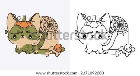 Cute Halloween Bengal Cat Clipart Illustration and Black and White. Funny Clip Art Halloween Kitty. Cute Vector Illustration of a Kawaii Halloween Pet in a Zombie Costume. 