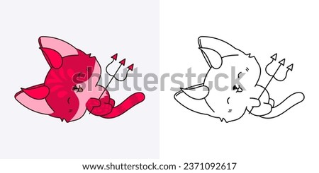 Halloween Kawaii Bengal Cat for Coloring Page and Illustration. Adorable Clip Art Halloween Cat. Cute Vector Illustration of a Kawaii Halloween Pet in Devil Costume. 