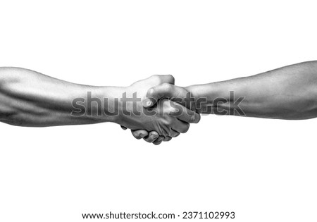 Friendly handshake, friends greeting, teamwork, friendship. Rescue, helping gesture or hands. Two hands, helping arm of a friend, teamwork. Helping hand outstretched, isolated arm, salvation. Royalty-Free Stock Photo #2371102993