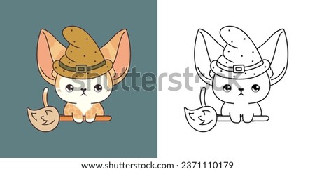 Halloween Kawaii Abyssinian Cat for Coloring Page and Illustration. Adorable Clip Art Halloween Cat. Cute Vector Illustration of Halloween Kawaii Animal in Witch Costume. 