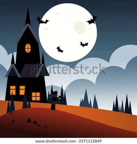 Halloween night party landscape. Flat vector illustration.
