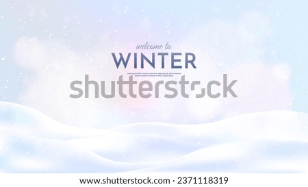 Vector illustration. Flat landscape. Snowy background. Snowdrifts. Snowfall. Clear blue sky. Blizzard. Cartoon wallpaper. Cold weather. Winter season.  Empty template design with copy space Royalty-Free Stock Photo #2371118319