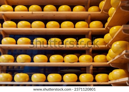 Shelfs full of cheese head, selective focus. High quality photo
