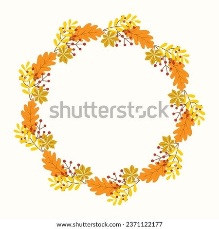 Clip art of hand drawn wreath of Autumn leaves and berries on isolated background. Warm background for Autumn harvest, Thanksgiving, Halloween and seasonal celebration, textile, scrapbooking.