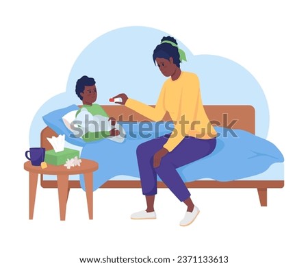 African american mother giving medicine to child cartoon flat illustration. Black mom with sick kid lying in bed 2D characters isolated on white background. Flu treatment scene vector color image