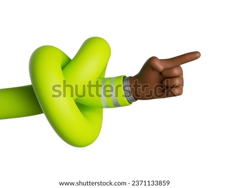 3d render, flexible spiral cartoon african human hand shows direction with index finger. Pointing gesture clip art isolated on white background