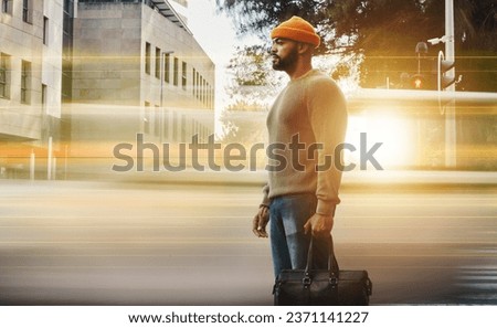 Person, motion blur and car traffic on street, urban city and walk to college, transportation and asphalt. Man, cbd and office building on sidewalk, pollution and fashion in travel or commute on road Royalty-Free Stock Photo #2371141227