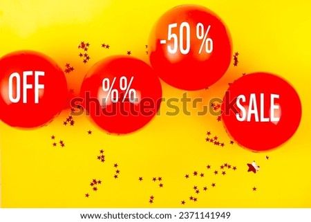 Black Friday Sale banner with the red balls and star-shaped confetti on yellow background. Template for advertising posters, banners, flyers, leaflets, cards. Black Friday sales shopping! 