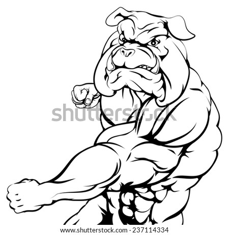 A tough muscular bulldog character sports mascot attacking with a punch