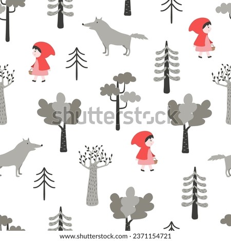 Red Riding Hood fairy tale seamless pattern. Cartoon girl and wolf in the woodland