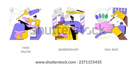 Beauty services abstract concept vector illustration set. Hair salon, barbershop, nail bar, beauty salon, beard shaving, moustache trimming, nail polish, french manicure, pedicure abstract metaphor. Royalty-Free Stock Photo #2371155435