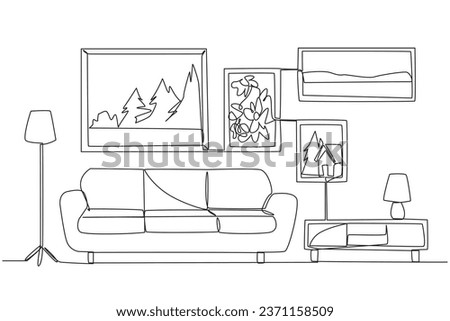 Continuous one line drawing stylish family room with three soft seat sofa. Scandinavian interior design with wood as the main material for furniture. Cozy. Single line draw design vector illustration