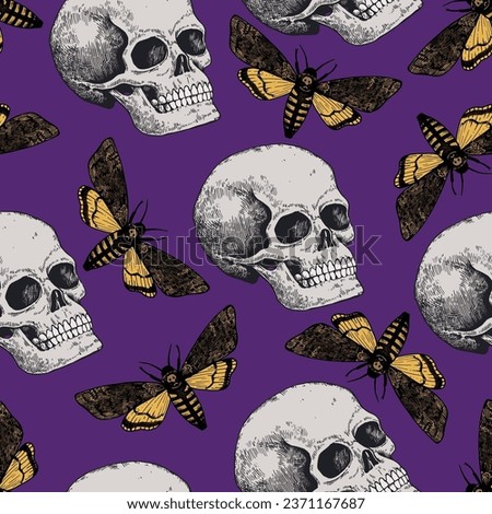 Halloween seamless pattern with hand drawn color elements i retro engraving style.
