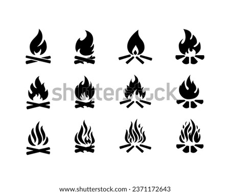 Campfire hand drawn vector illustration, retro style logo. Crossed logs and cartoon fire flame. Royalty-Free Stock Photo #2371172643