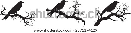 Spooky Halloween Night Depicting Silhouette Raven Bird at Bare Tree Branches Entrance: Vector Design Set, Plus a Raven Dead Tree Royalty-Free Stock Photo #2371174129