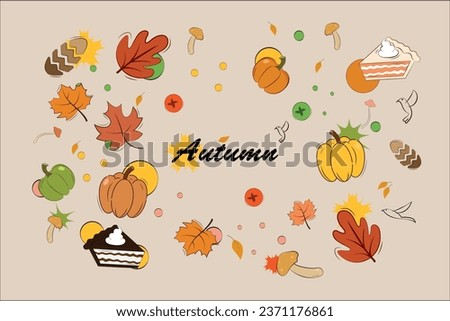 Autumn set, autumn clip art, collection of design elements with leaves, pumpkins, mushrooms and others. Hand drawn childish vector illustration. Good for icon, etc.