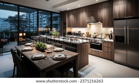 The kitchen is fully equipped with a luxurious counter and dining table with a comfortable corner. Royalty-Free Stock Photo #2371216263