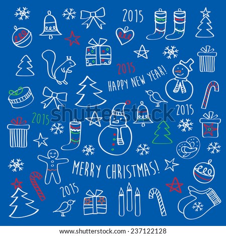 Set of winter, Christmas, New Year pictures. Merry Christmas. Happy New Year. Hand drawing on a blue background. Doodles, sketch, design elements. Vector.