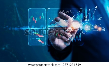 Businessman is pointing at a business growth chart that symbolizes finance and data analysis, enhanced with AI technology in modern technology and strategic acumen