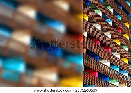 Colorful building. Colorful pattern background. Photo with a frosted glass effect applied to one side. Presentation, card, poster etc. ready-to-use image.