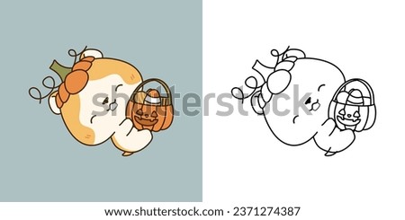 Set Clipart Halloween Hamster Coloring Page and Colored Illustration. Kawaii Halloween Animal. Cute Vector Illustration of a Kawaii Rodent for Halloween Stickers. 