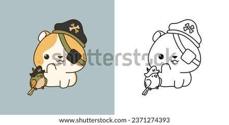 Kawaii Halloween Hamster Clipart Multicolored and Black and White. Cute Kawaii Halloween Animal. Cute Vector Illustration of a Kawaii Halloween Rodent in a Pirate Costume. 