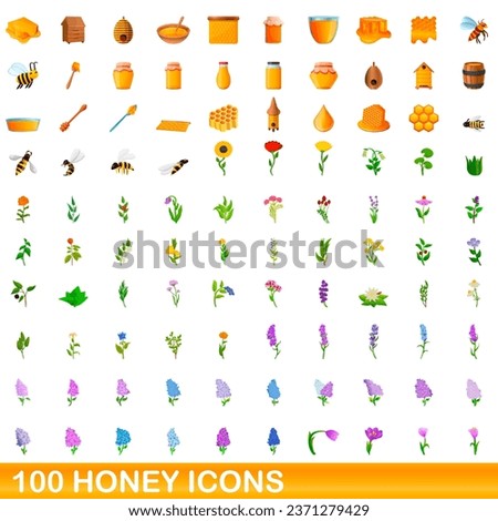 100 honey icons set. Cartoon illustration of 100 honey icons set isolated on white background
