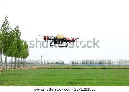 High-resolution photographic images of industrial drones spraying drugs on rice paddies and fields. Drug spraying using a drone concept. Smart agriculture.