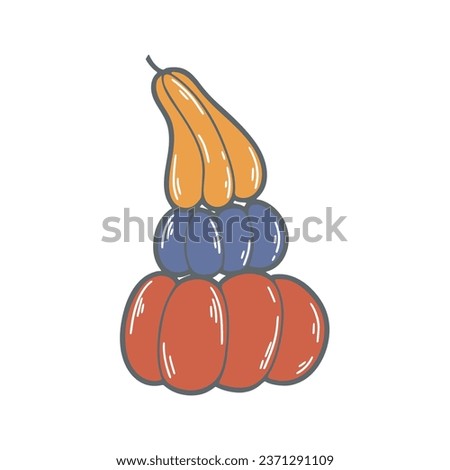 Fall colored pumpkin clip art doodle. Simple hand drawn autumn vegetables. Orange, purple and red pumpkin in stack, isolated vector illustration