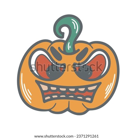 Spooky halloween pumpkin doodle illustration. Autumn vegetable with carved face clip art. Scary pumpkin character, isolated vector illustration