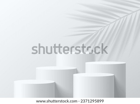 Set of abstract 3D white cylinder pedestal podium background with palm leaf shadow overlay. Mockup product display presentation. Minimal wall scene. Stage showcase. Platforms vector geometric design. Royalty-Free Stock Photo #2371295899