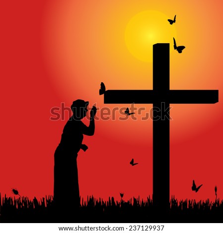 Vector silhouette of woman at the cross at sunset.