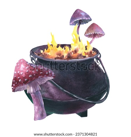 Watercolor Witch Cauldron with Fly agaric and toxic mushrooms. Hand painted illustration of Caldron with fire for Halloween clip art. Isolated sketch on white background