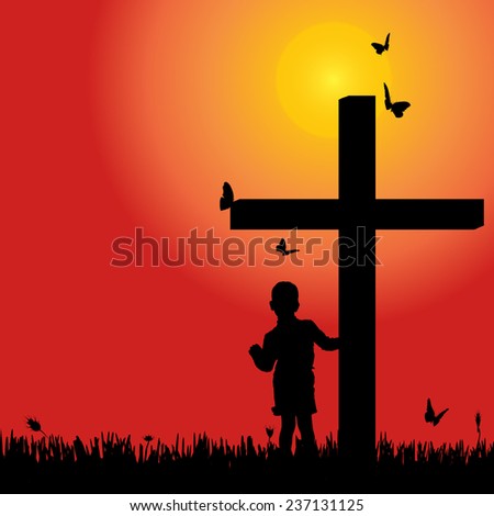 Vector silhouette girl at the cross at sunset.