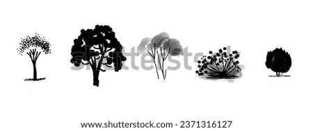 Set of trees.  Cluster of plant. landscape and front view. Hand drawn modern illustration. Isolated design element. Poster, print template.