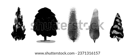 Set of trees.  Cluster of plant. landscape and front view. Hand drawn modern illustration. Isolated design element. Poster, print template.