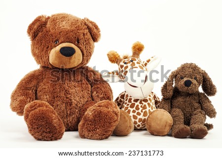 Soft plush toy animals isolated on white background Royalty-Free Stock Photo #237131773
