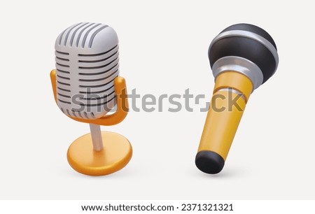 Set of microphones. Desktop model and handheld wireless mic. Professional stage equipment for sound recording. Instrument of singer, radio host, entertainer. Isolated color image with shadows