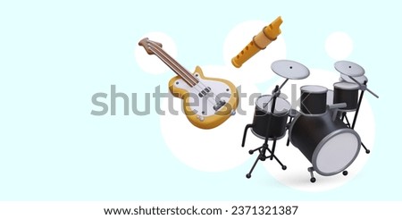 Realistic guitar, flute, drum stand. Composition of musical instruments. Vector illustration place for text. Advertising flyer, banner, header template