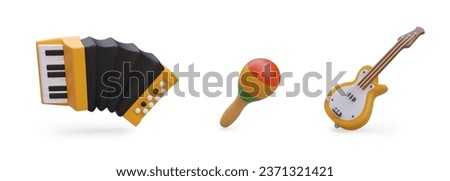 3d realistic accordion, maracas and electric guitar. Advertising poster for musical instrument shop. Creating music and hobby. Vector illustration in yellow colors