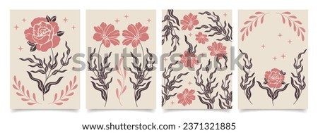 Set of floral posters in boho style. Collection of retro cards with mystical flowers. Vector