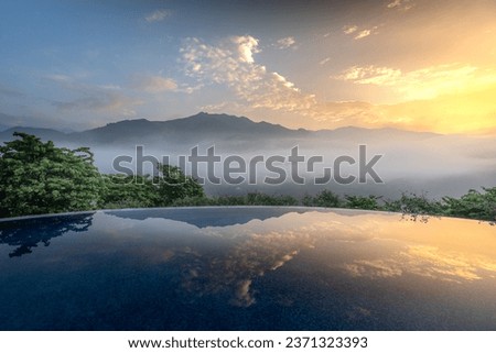 Dawn at the infinity pool of the 5-star Le Cham resort in Tu Le commune, Van Chan district, Yen Bai province, Vietnam Royalty-Free Stock Photo #2371323393